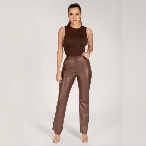 Meshki Tyra straight leg faux leather chocolate brown pants - Picture 3 of 14